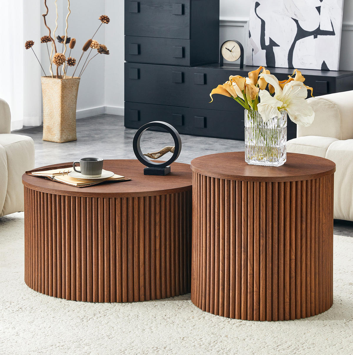 COUCHTISCH-SET 65/65/40 cm 2-teilig mit Stauraum und geriffeltem Säulendesign, Walnuss - Walnussfarben, Holzwerkstoff (65/65/40cm) - Redom