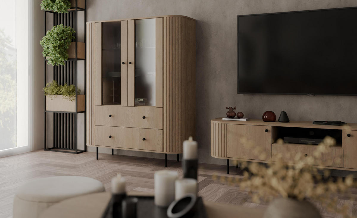 VITRINE Halay Eiche Cremona, 2 Türen & 2 Schubladen Moderne Rillenstruktur, mit runden Kanten - Eichefarben/Schwarz, Holzwerkstoff/Metall (123/155/42.3cm) - AX Living