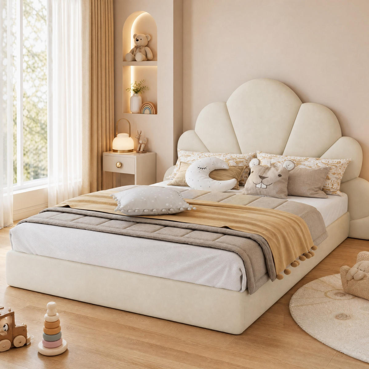 POLSTERBETT 140/200 mit geschwungenem Blütenkopfteil, Samtbezug und Rutschschutz in Beige - Beige, Holzwerkstoff/Textil (140/200cm) - EVRYAE