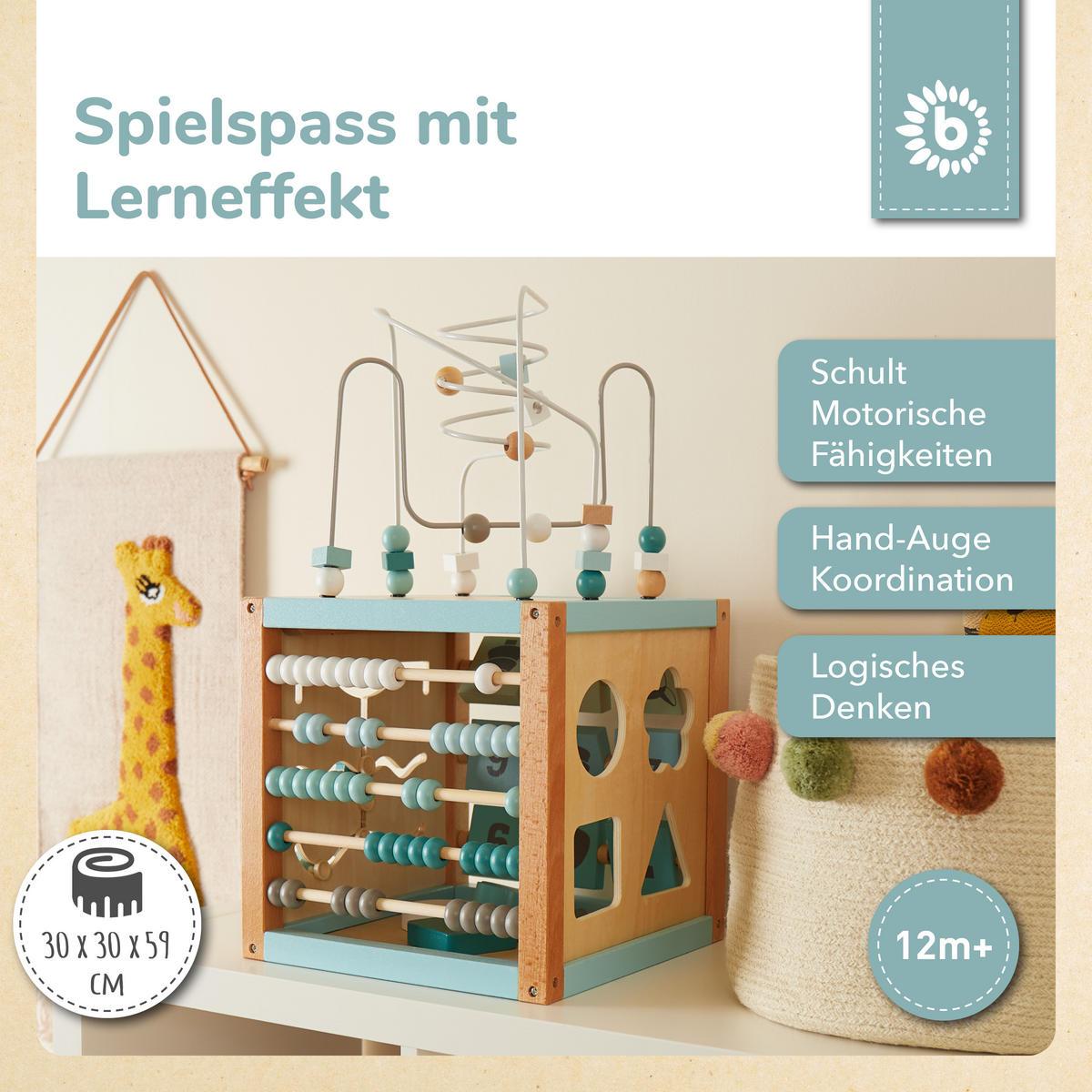 MOTORIKWÜRFEL XXL Scandi-Chic - Blau, Holz (30/30cm) - Bieco Spielwaren