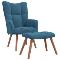 SESSEL mit Hocker, Holzbeine 61,5/69/95,5 cm aus Samt Blau - Blau/Braun, Holz/Textil (61.5/95.5/69cm) - vidaXL