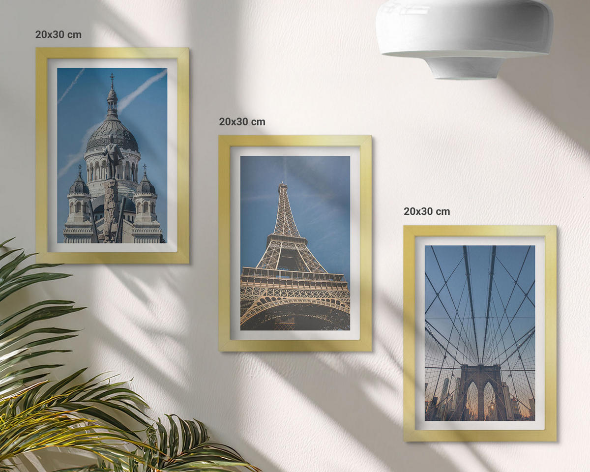 WANDBILDER 3er Set - 20x30 cm Goldrahmen - Ansichten von Gebäuden aus Städten auf der ganzen Welt - Goldfarben, Kunststoff (20/30cm) - ArtPrintCave
