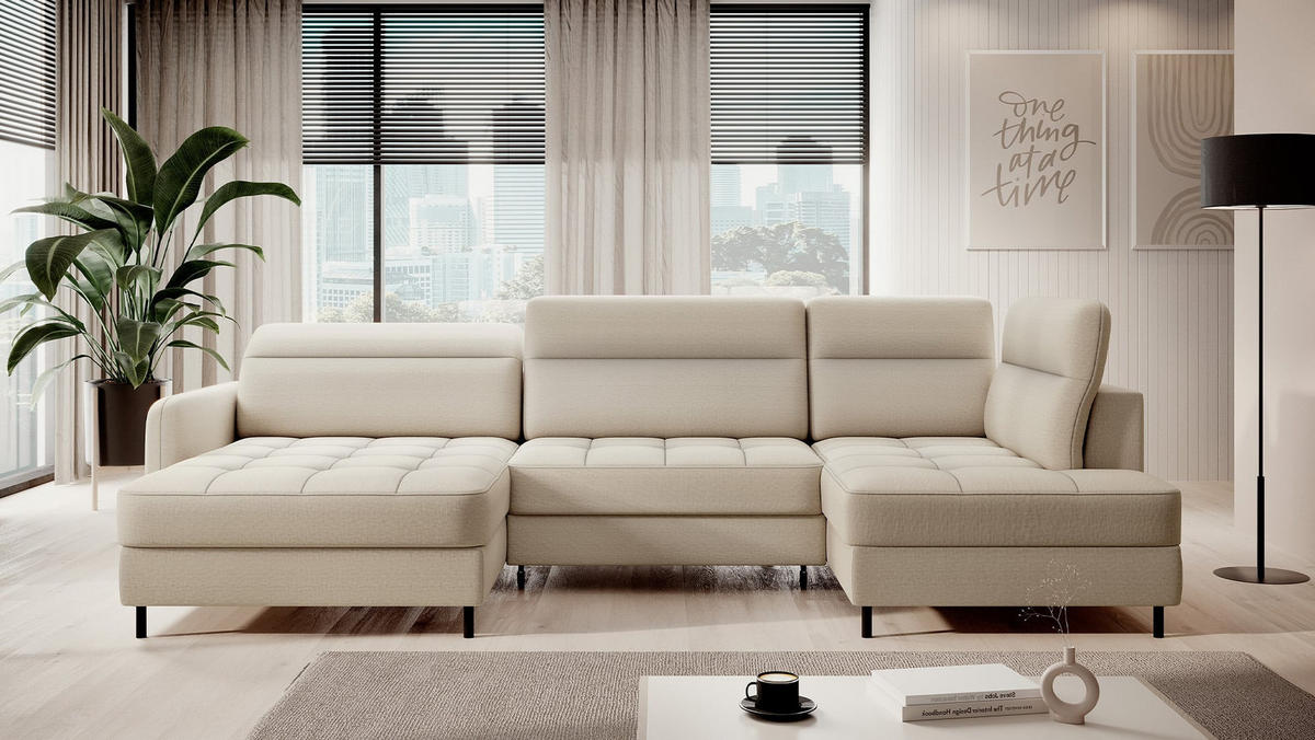 WOHNLANDSCHAFT mit Schlaffunktion und Bettkasten, verstellbare Kopflehnen - Beige/Schwarz, Textil/Metall (306/100/165cm) - Eltap