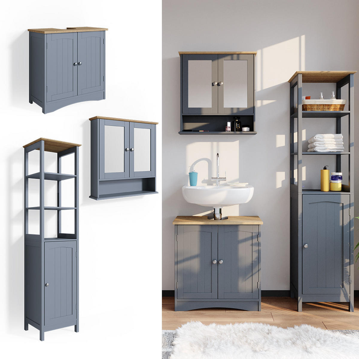 BADMÖBEL-SET Bianco Grau 3 Teile, mit Hochschrank - Grau, Holzwerkstoff (60/60/30cm) - Vicco