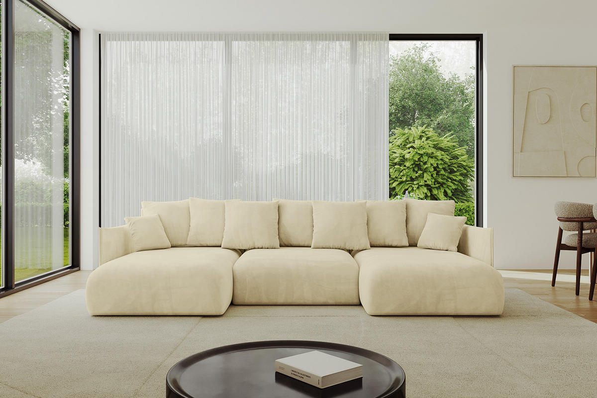 WOHNLANDSCHAFT mit Schlaffunktion und Bettkasten ONESK-U 317x177x72 Beige Velours - Taupe, Holzwerkstoff/Kunststoff (317/72/177cm) - ALTDECOR