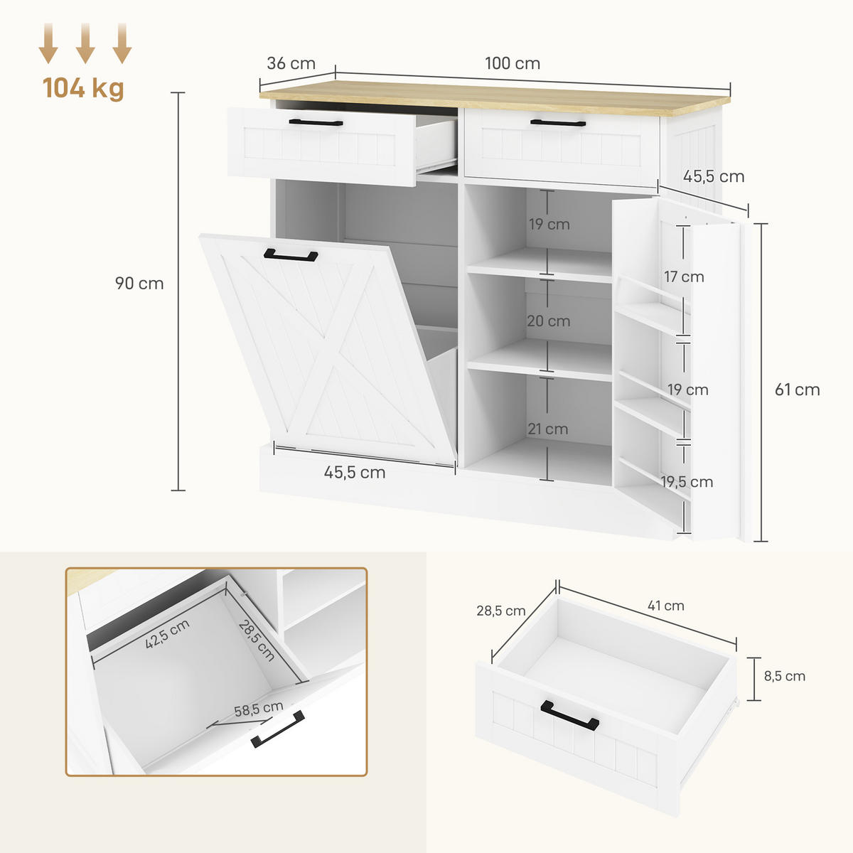 SIDEBOARD DE-11297 Integrierter 38L Mülleimer & Gewürzregal Weiß - Weiß, Holzwerkstoff (36/90/100cm) - ComfortXL