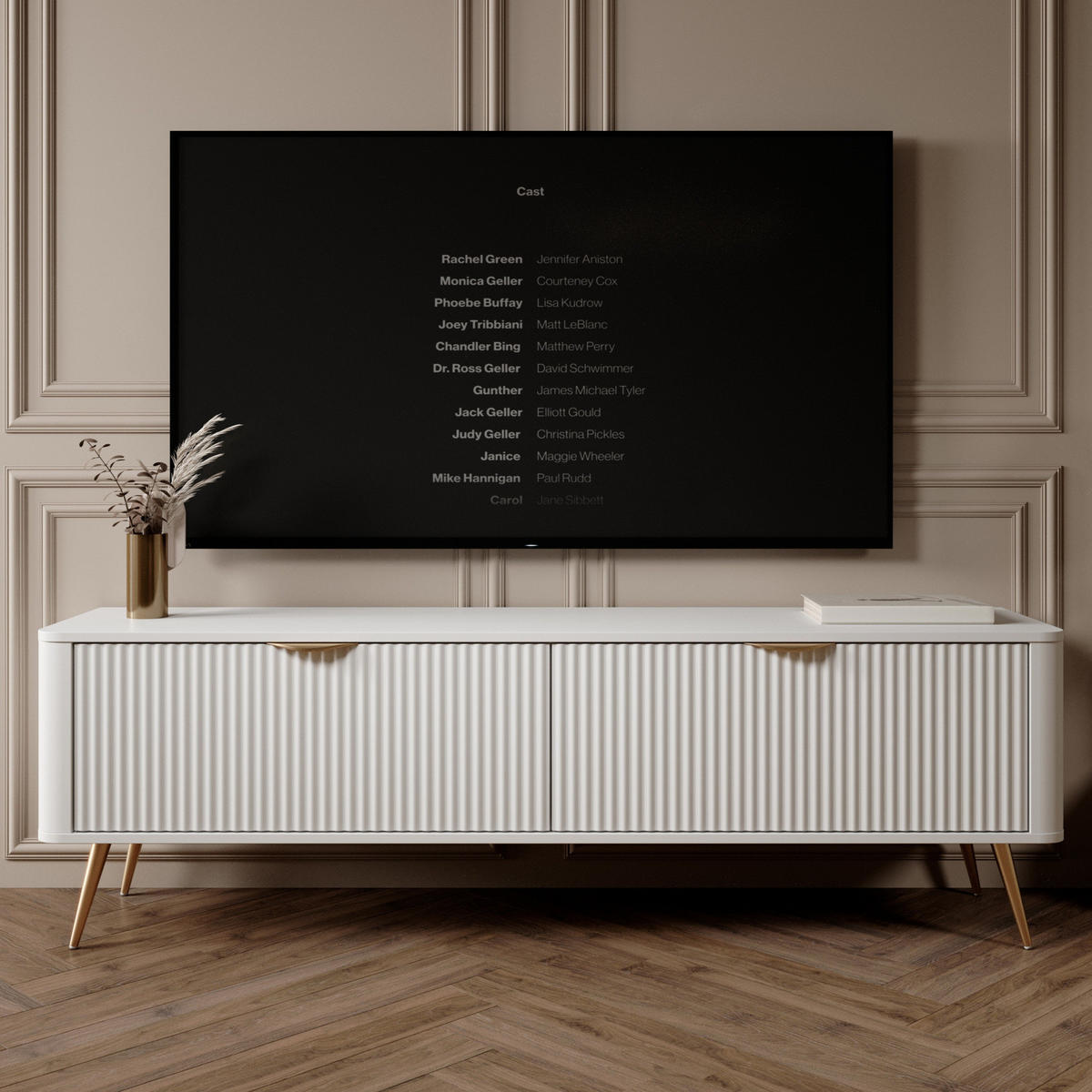 TV-LOWBOARD Flore 163 cm Weiß / Gold - mit geriffelten Fronten - 2 Türen - Gelb/Goldfarben, Holz/Holzwerkstoff (163/51/38cm) - Ravio