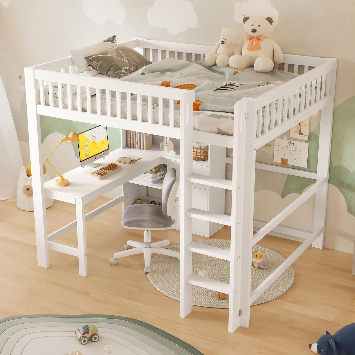 HOCHBETT 140/200 cm Weiß mit Schreibtisch und 3 Schubladen - Weiß, Holz (140/200cm) - OKWISH