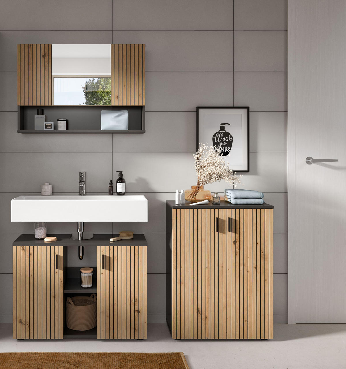 BADEZIMMER Mira 3 tlg. (B/H/T: ca. 155/180/30 cm) in Basalt grau/Artisan Oak - Grau, Holzwerkstoff (155/180/30cm)