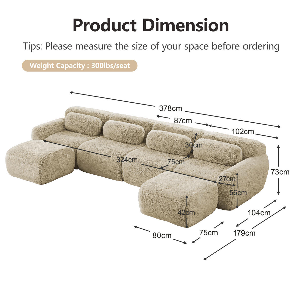ECKSOFA 378/179/73 cm hellkhaki aus Plüschstoff rahmenlos und frei kombinierbar - Beige, Textil (179/378cm) - OKWISH