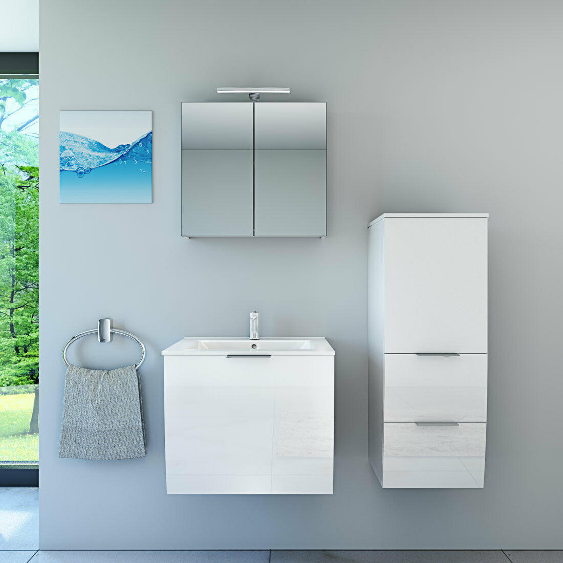 BADMÖBEL Set Gently 1 V2 R Weiß MDF Waschtisch 60cm mit 5W LED-Strahler / Energiebox - Weiß, Glas/Kunststoff (46/52/60cm) - AcquaVapore by Sandra Jentho