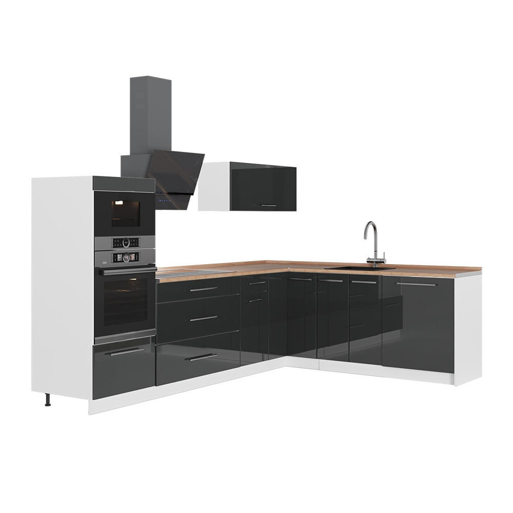 ECKKÜCHE Fame-Line, Anthrazit Hochglanz/Weiß, 287 x 207 cm, AP Eiche - Schwarz Hochglanz/Weiß, Holzwerkstoff (287/153.6/60cm) - Vicco