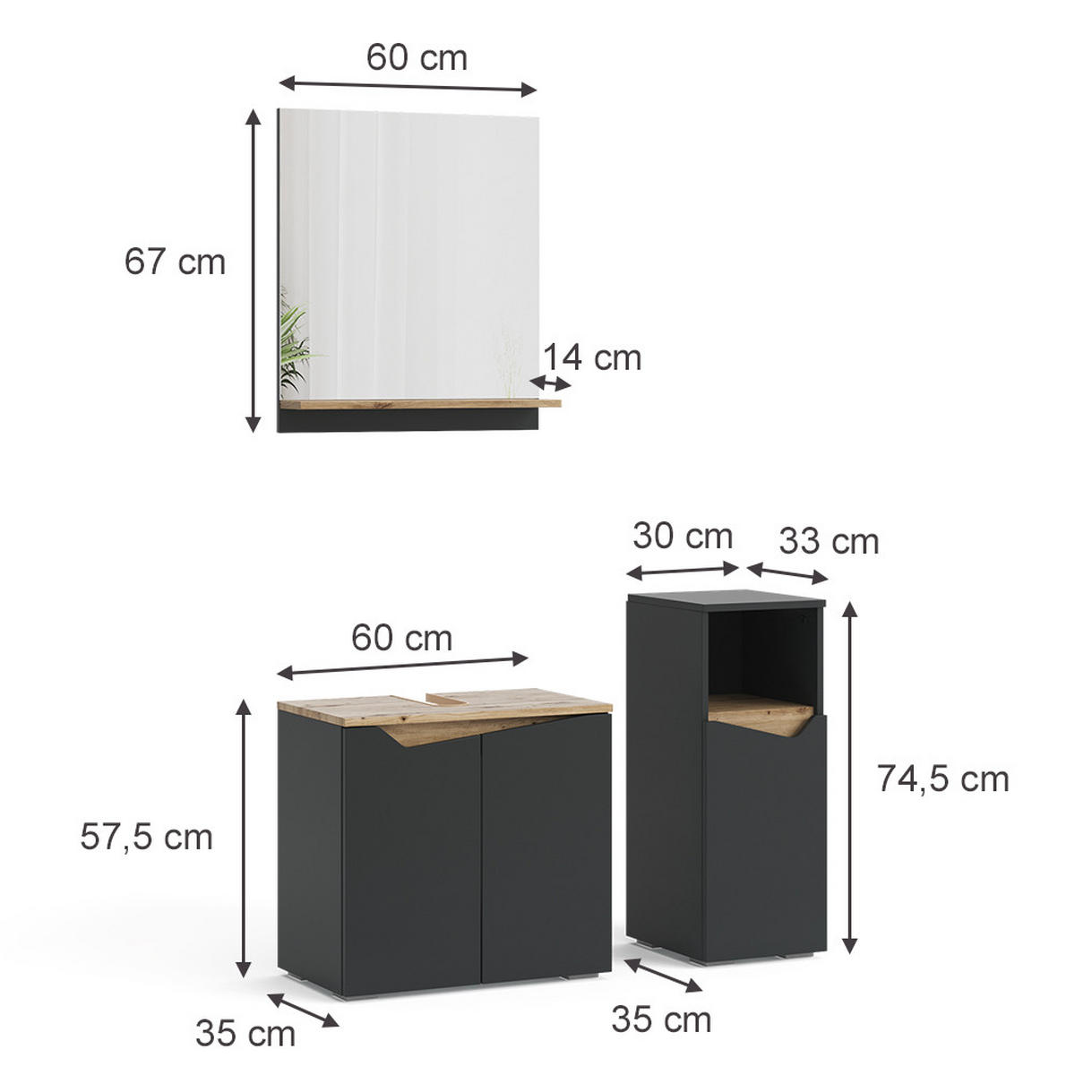 BADMÖBEL-KOMBINATION Marelle Anthrazit 3 Teile, mit Midischrank - Anthrazit, Holzwerkstoff (60/57/35cm) - Vicco