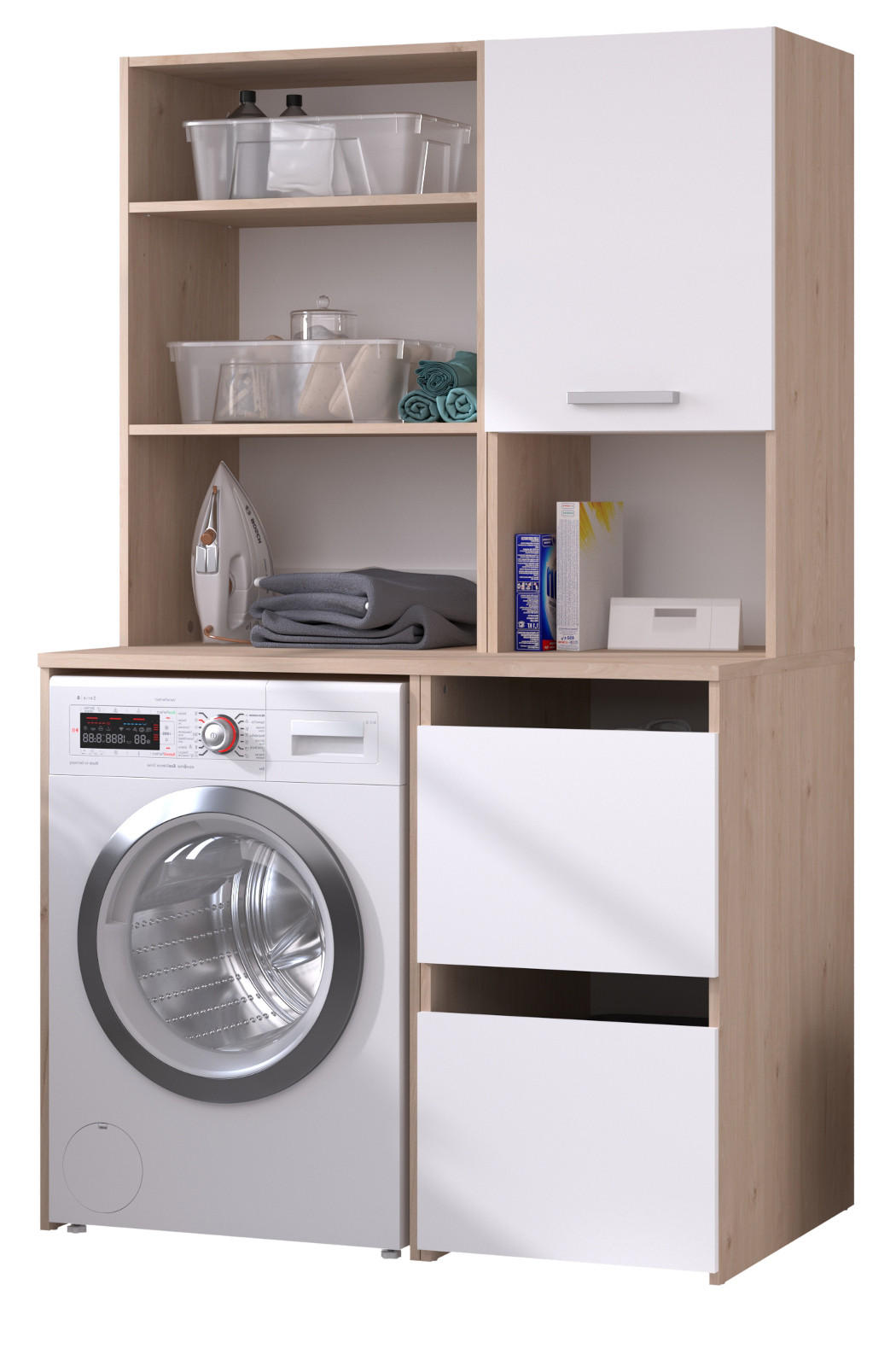 WASCHMASCHINENSCHRANK weiß, Eiche Jackson, Umbauschrank Set 2-teilig 111 cm mit viel Stauraum - Eichefarben/Silberfarben, Holzwerkstoff/Kunststoff (111/184/67cm) - Parisot Meuble