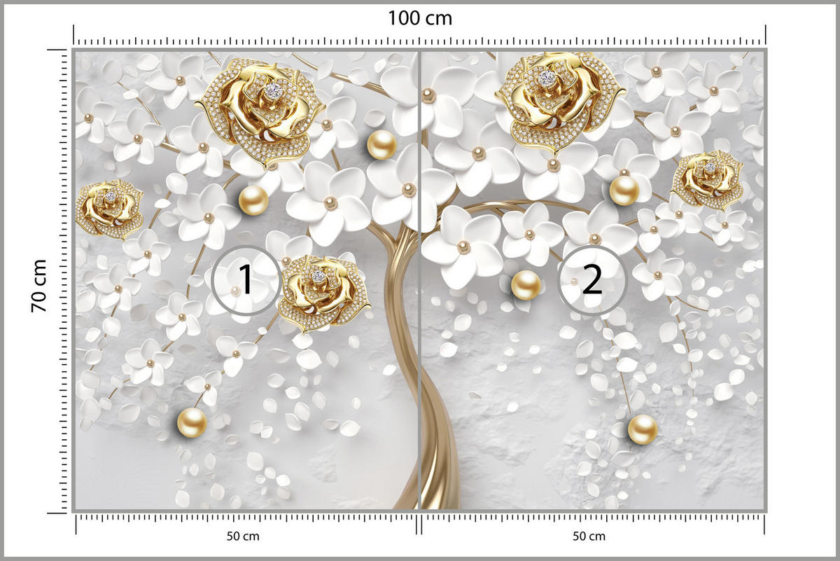 FOTOTAPETE für Wohnzimmer Abstrakte Rosen Baum Blumen Räumliche Äste Zweige 100x70 - Gelb/Weiß, Papier (100/70cm) - Muralo