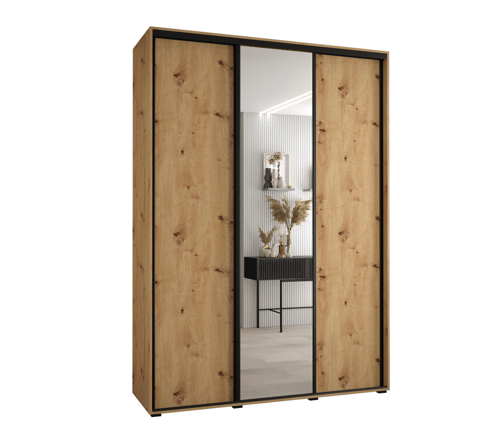 Abiks Möbel Schwebetürenschrank Eiche Artisan, Eiche Artisan, Schwarz 180x235x45 cm