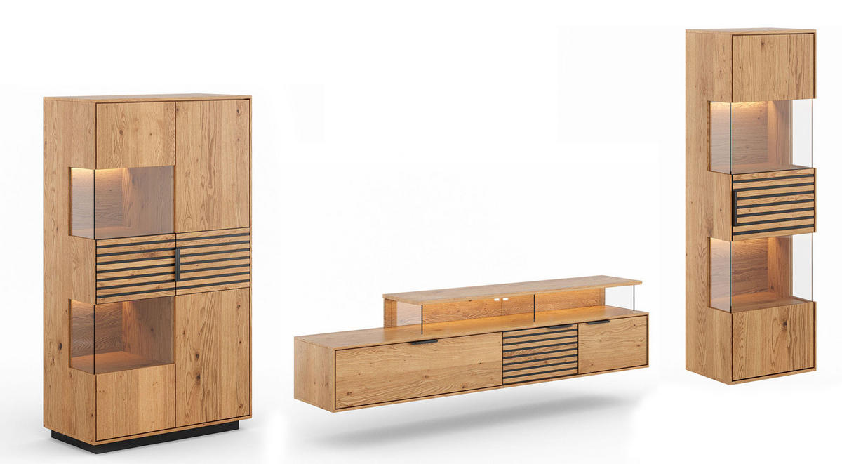 WOHNWAND Tirano 3er-Set Eiche Natur / Lamellen schwarz - Eichefarben/Multicolor, Holz/Metall (326/147/39cm) - Feldmann-Wohnen