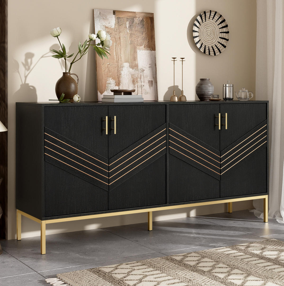 SIDEBOARD 160/40/80,5 cm in Schwarz mit 4 Türen und verstellbaren Einlegeböden - Schwarz, Holzwerkstoff (160/80.5/40cm) - Flora Grace