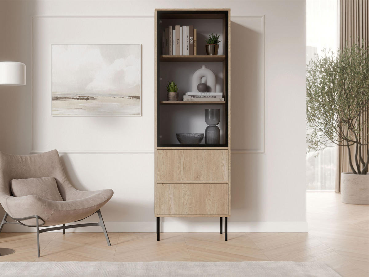 VITRINE Domi 60 2S - Eichefarben/Schwarz, Holzwerkstoff/Metall (60/185/40cm) - MIRJAN24