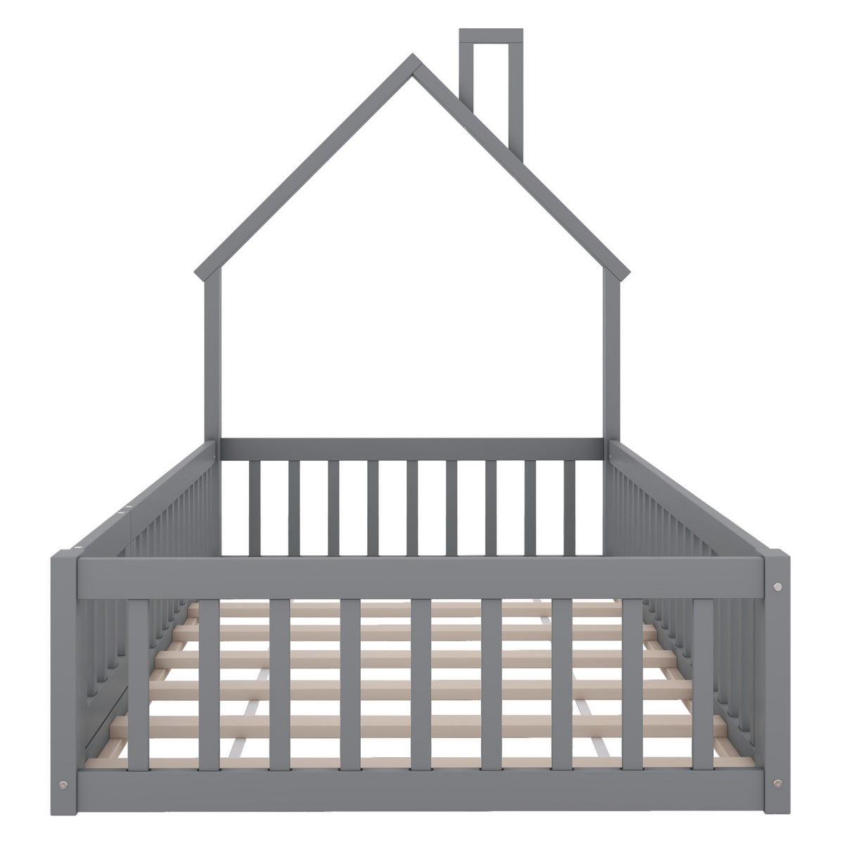 HAUSBETT 90/200 cm in Grau – mit Schornsteinform, Lattenrost und Rundum-Schutzgitter - Grau, Holzwerkstoff (90/200cm) - BEAOK