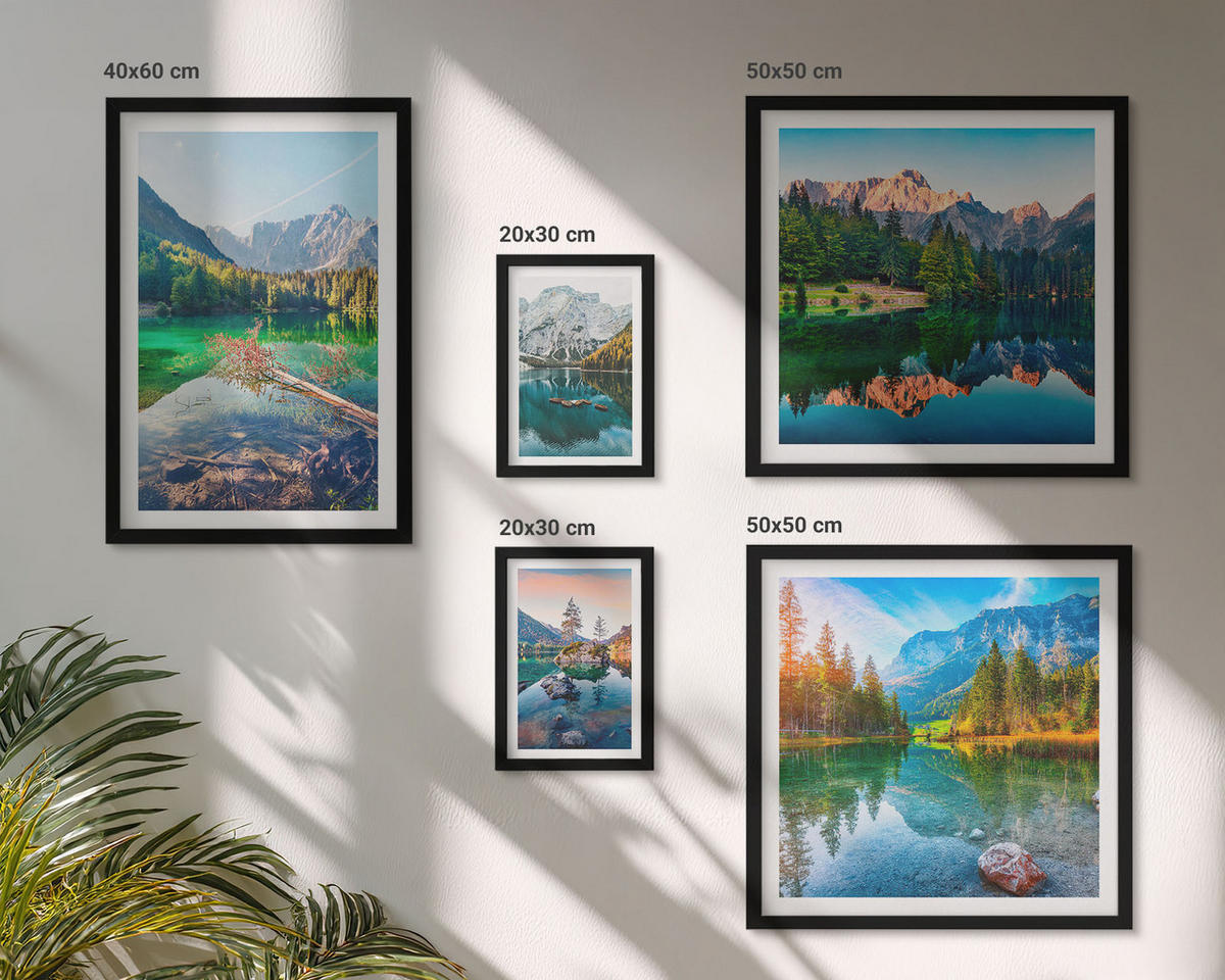 BILDER SET 5er Set - 50x50 cm & 20x30 cm & 40x60 cm Schwarzer Rahmen - Spiegelung des Waldes in Bergseen - Schwarz, Kunststoff (40/60cm) - TULUP