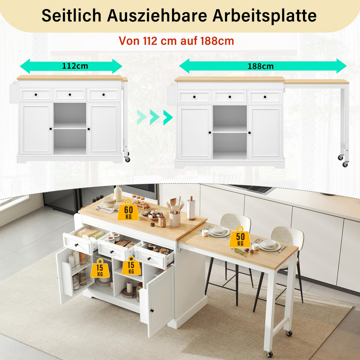 KÜCHENINSEL 112-188/45/92 cm Weiß mit 3 Schubladen, Gewürzregal und Rollen - Weiß, Holz (45/92/124.3cm) - Oxeza