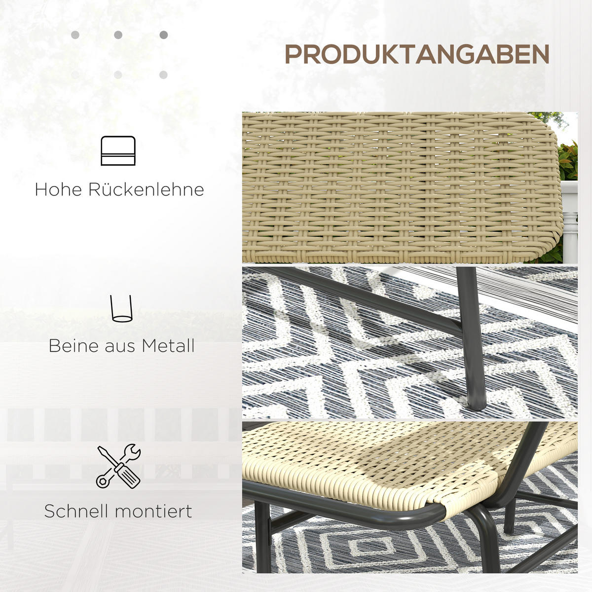 POLYRATTAN Sitzbank bis 250 kg belastbar, für Balkon, Terrasse, Metall, Khaki - Braun, Kunststoff (66/80/132cm) - Outsunny