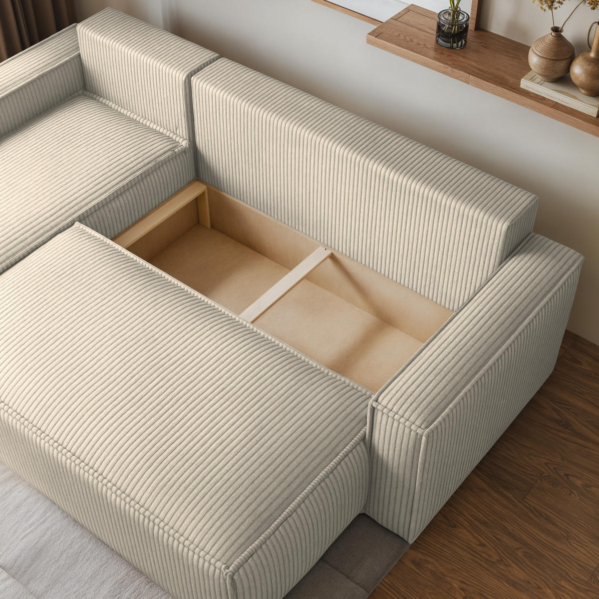 ECKSOFA RAVELO P Creme Kordstoff mit Schlaffunktion - Creme, Holz (240/140cm) - MASSENO