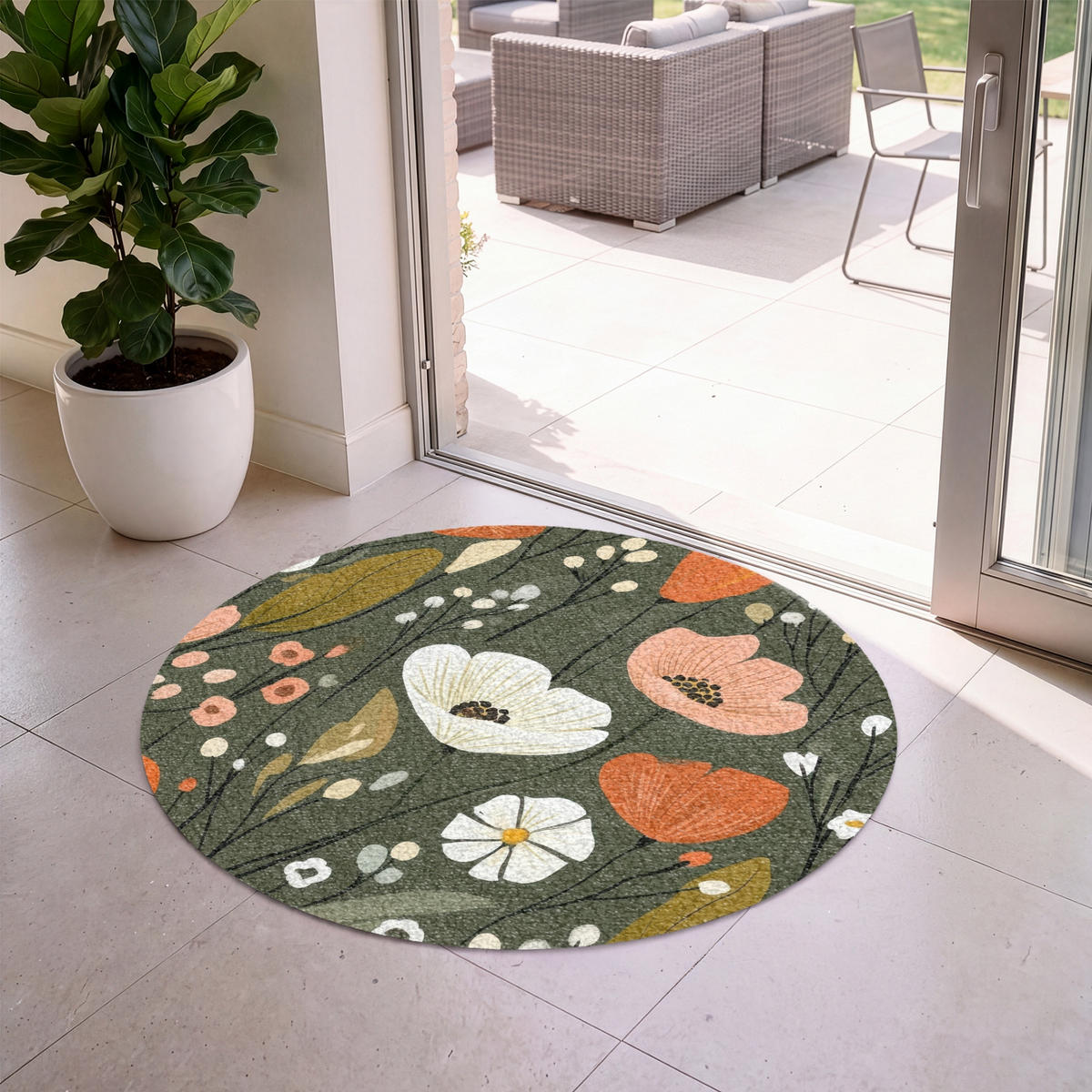 FUSSMATTE Blumen - Illustration - Grün Flurteppich 120x120 cm - Dunkelgrün, Kunststoff (120/120cm) - MuchoWow