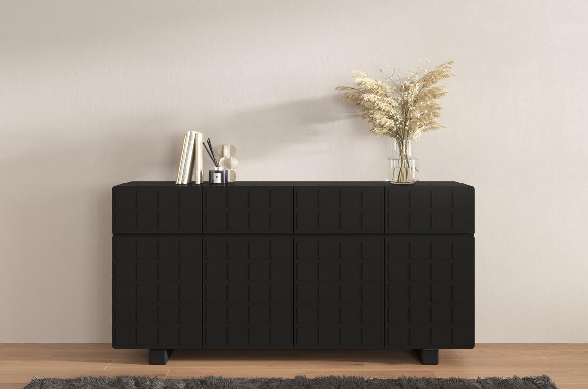 SIDEBOARD Cubo Long, Geometrische 3D Fronten, 169 cm, Schwarz - Schwarz, Holz/Holzwerkstoff (168.9/83.8/41.8cm) - Skandica