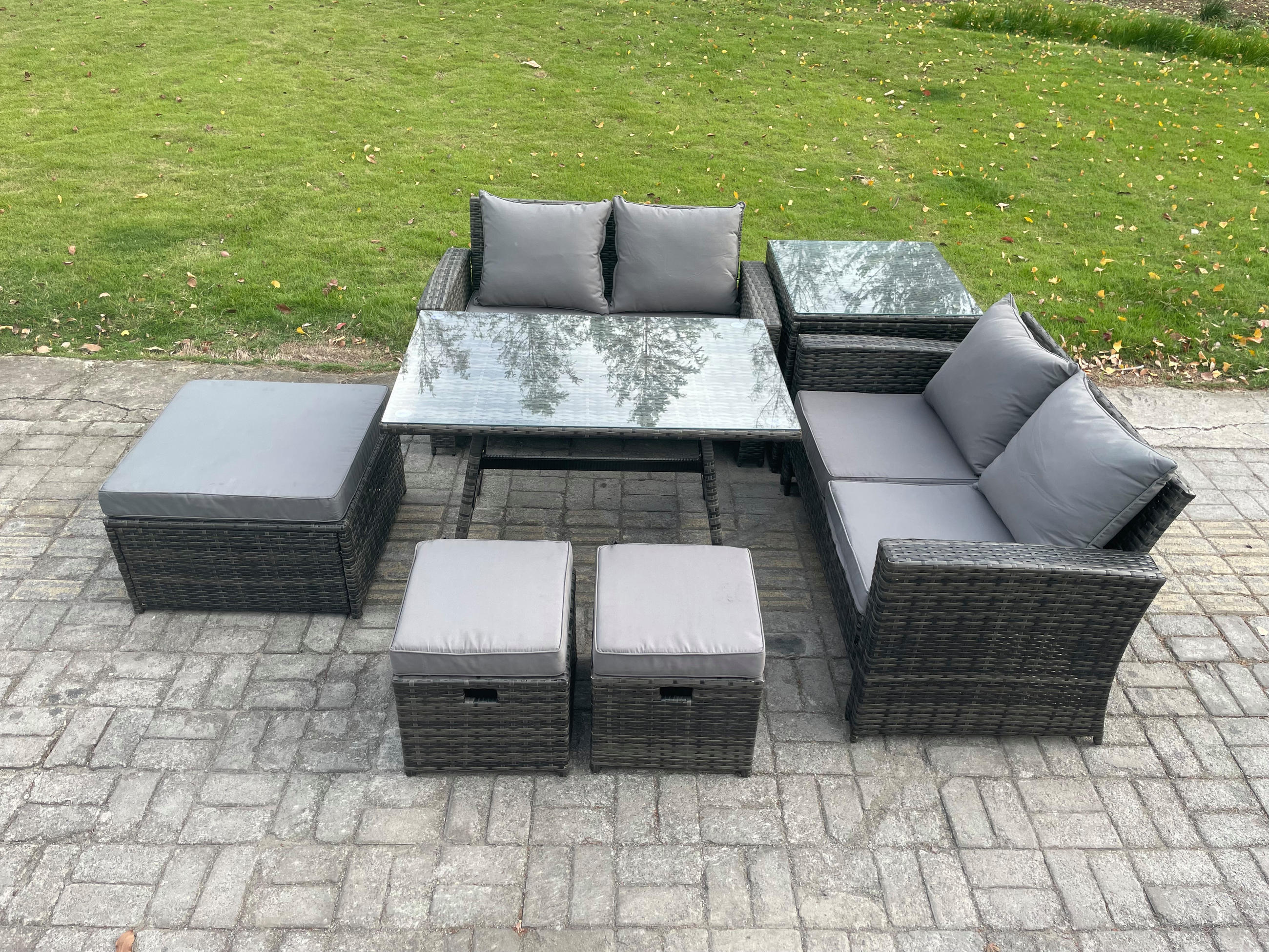 GARTENMÖBELSET mit ESSTISCH,HOCHLEHNER-SOFA Polyrattan Dunkelgrauer Mix 7-Sitzer - Dunkelgrau/Grau, Glas/Kunststoff - Fimous