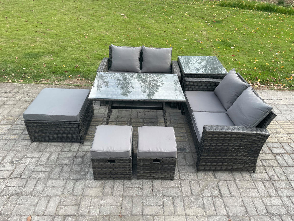 GARTENMÖBELSET mit ESSTISCH,HOCHLEHNER-SOFA Polyrattan Dunkelgrauer Mix 7-Sitzer - Dunkelgrau/Grau, Glas/Kunststoff - Fimous