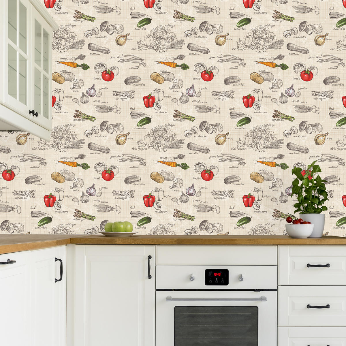 VLIESTAPETE Gemüse und Schriftzüge im Retro-Stil – Bunt, Beige – 50x1000 cm - Beige/Multicolor, Papier (50/1000cm) - Muralo