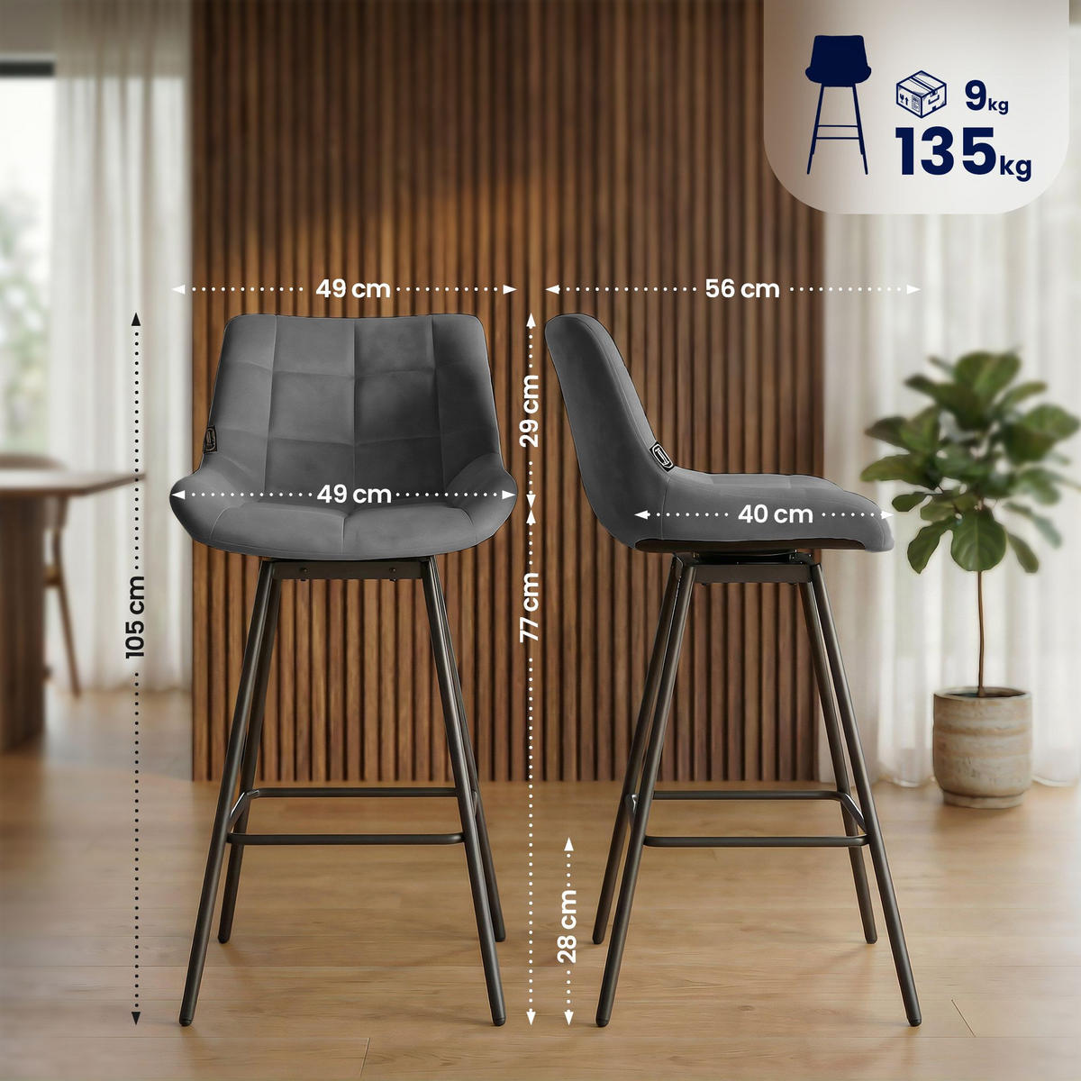 BARHOCKER Samt Grau - Schwarz/Grau, Textil/Metall (49/105/56cm) - CLP