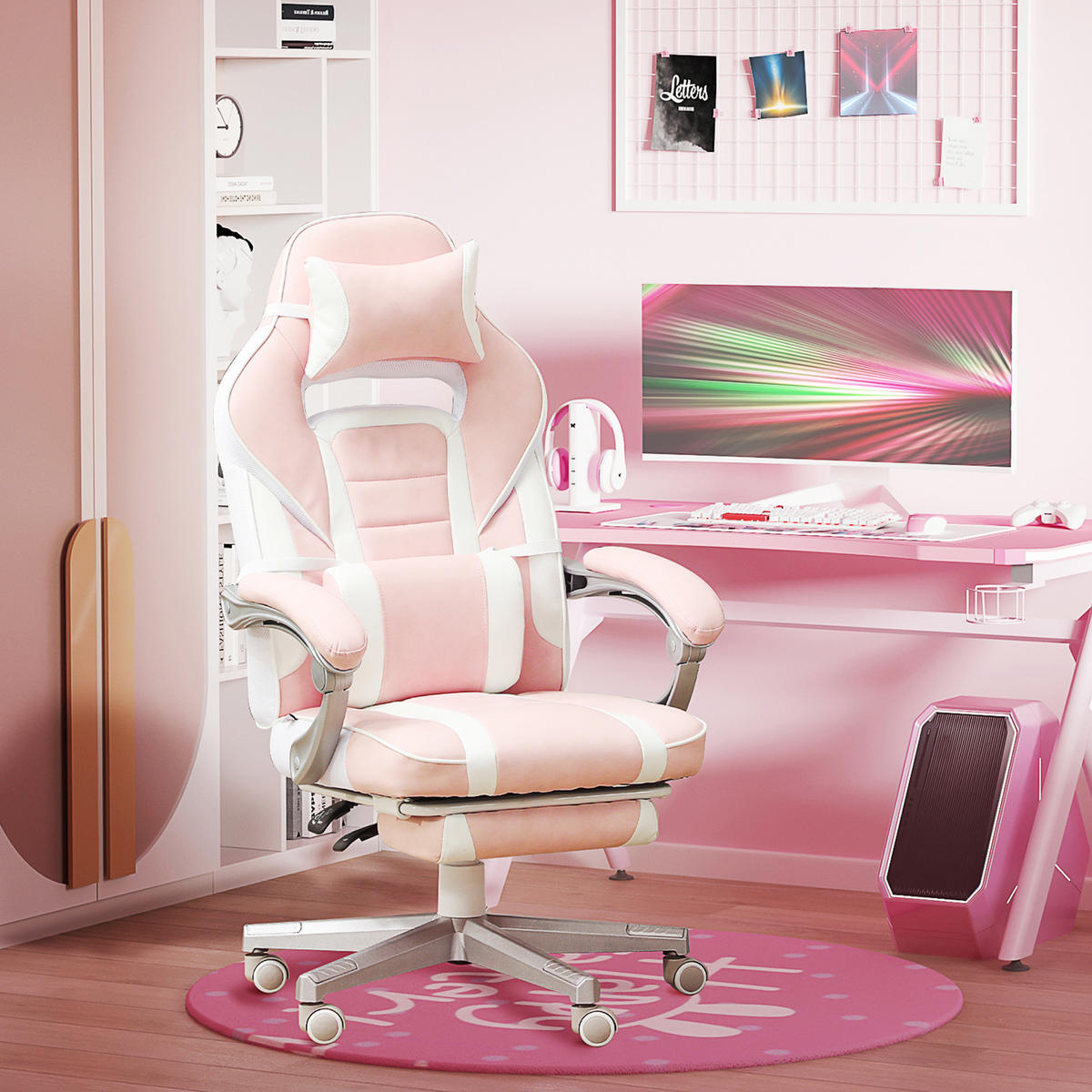 GAMINGSTUHL mit Fußstütze, Kopf- & Lendenkissen, drehbar, höhenverstellbar, Rosa - Rosa, Leder (63/123/63cm) - HOMCOM