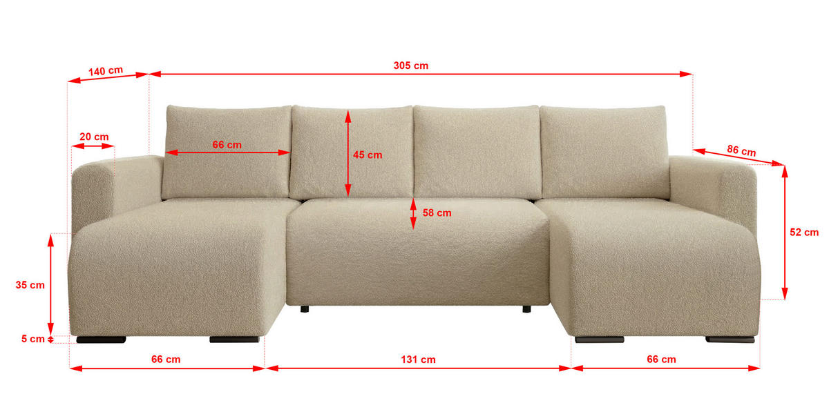 WOHNLANDSCHAFT DORA U mit Bettkasten und Schlaffunktion, U-Form, bequem - Creme, Textil (305/85/140cm) - Storez24