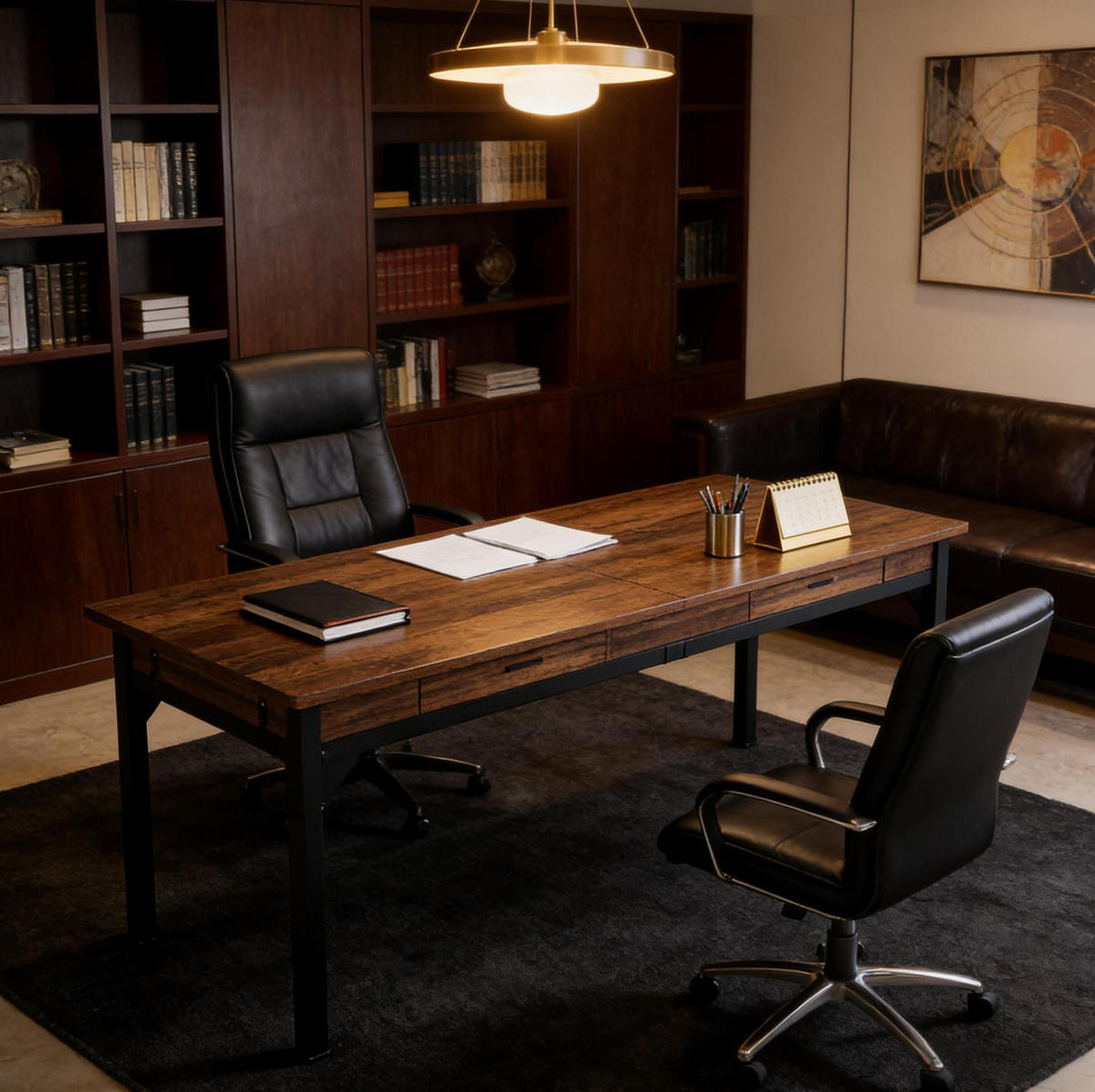 DOPPELSCHREIBTISCH 200 x 60 x 82 cm Holzoptik Rustic Brown mit 2 Schubladen - Schwarz, Metall (200/60/82cm) - Meubliv