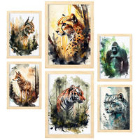 POSTER Set Mit 6 Katzen Bunt Größe A3 & A4 Rahmen aus hellem Holz - Beige, Papier (29.7/1cm) - Nacnic