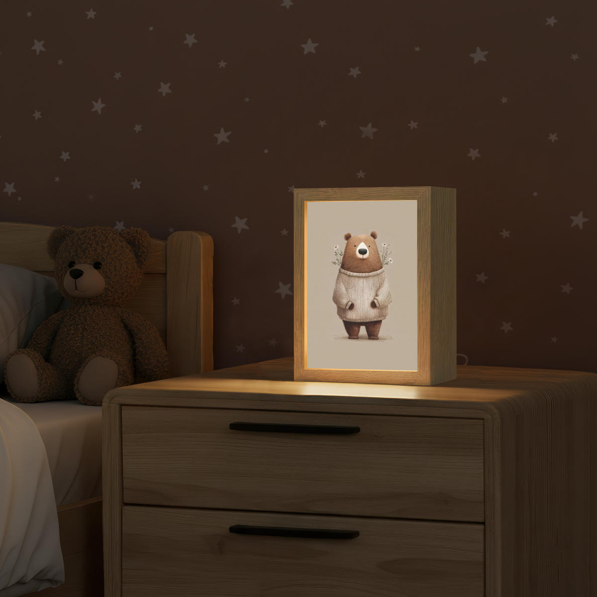 NACHTTISCHLAMPE Bär - Weiße Blumen - Gemütlich 15x20 cm - Taupe, Holzwerkstoff (8/15/20cm)