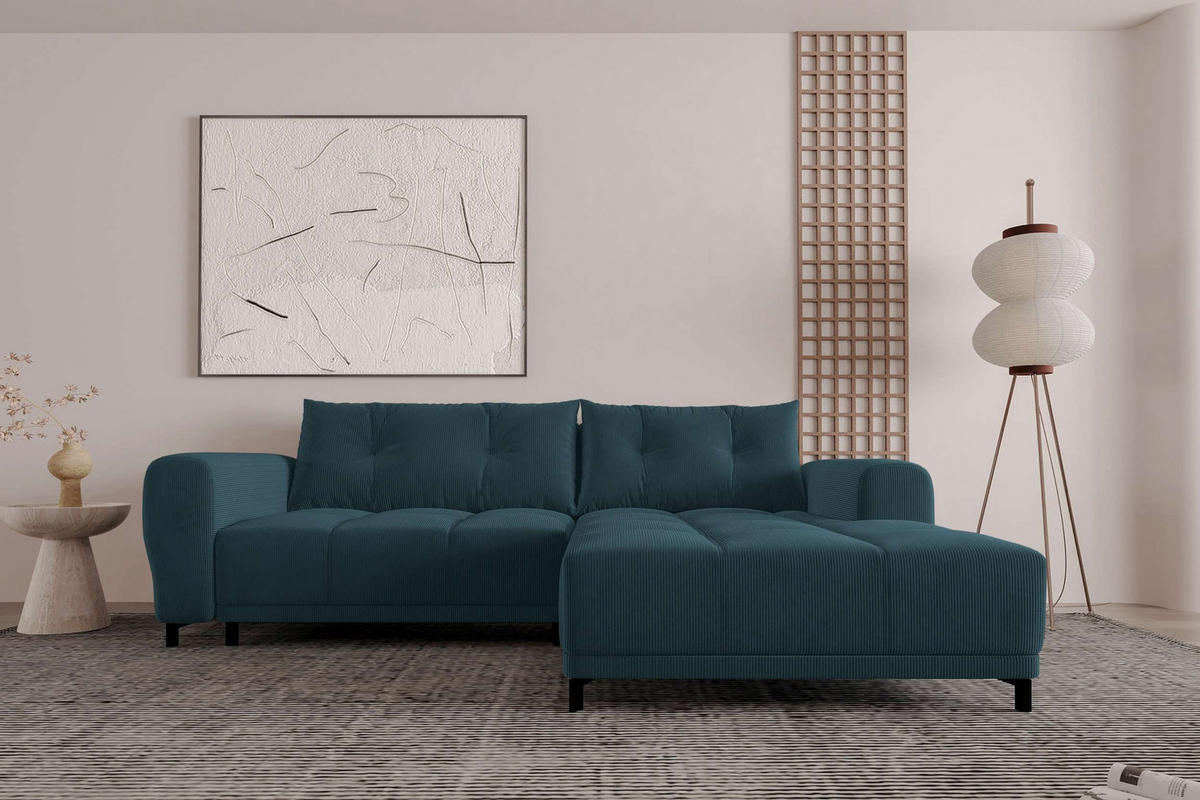 ECKSOFA Massimo Cordstoff Blau inkl. Schlaffunktion Rechts - Blau/Schwarz, Textil/Metall (246/177cm) - 99rooms