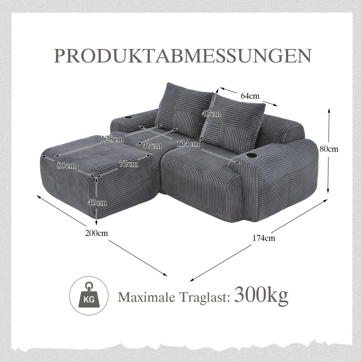 SOFA modular 2-Sitzer 200 x 174 cm Cord Dark Gray - Dunkelgrau, Kunststoff (174/200.1cm) - Meubliv