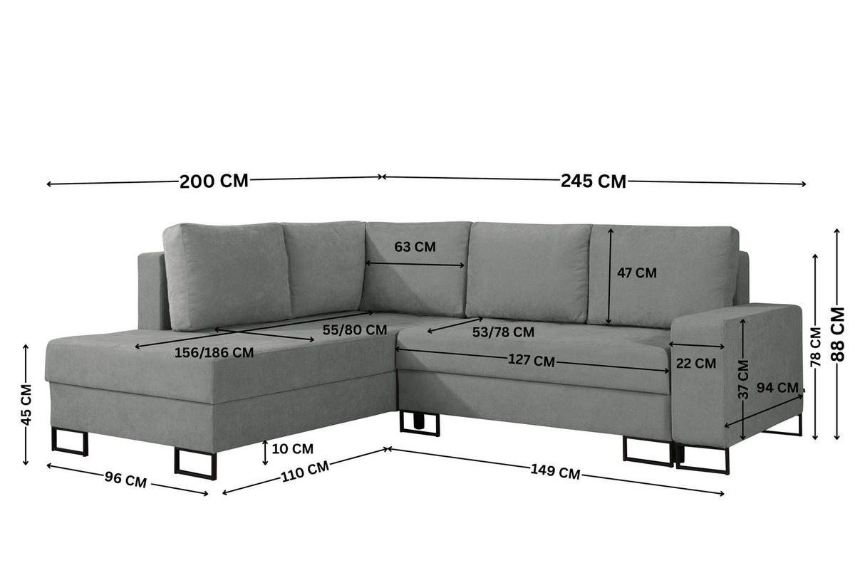 ECKSOFA mit Schlaffunktion Links Grau Chenille - 245x200 cm - Trevi - Schwarz/Grau, Holz/Holzwerkstoff (245/200cm) - Ravio