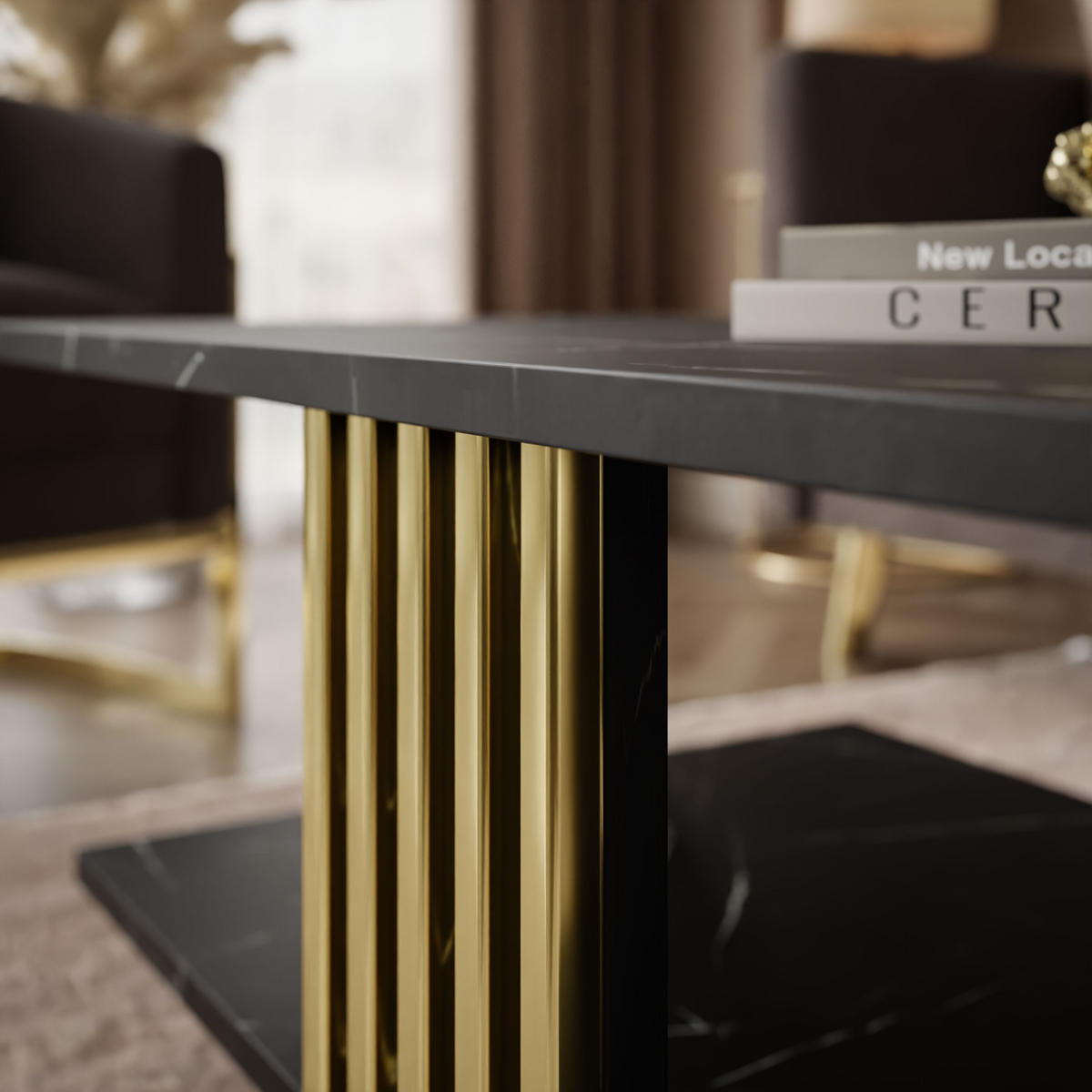 COUCHTISCH SAPHIRA GOLD mit Ablageboden, Schwarz Marmour - Schwarz, Holzwerkstoff (60/100/40cm) - Lookway