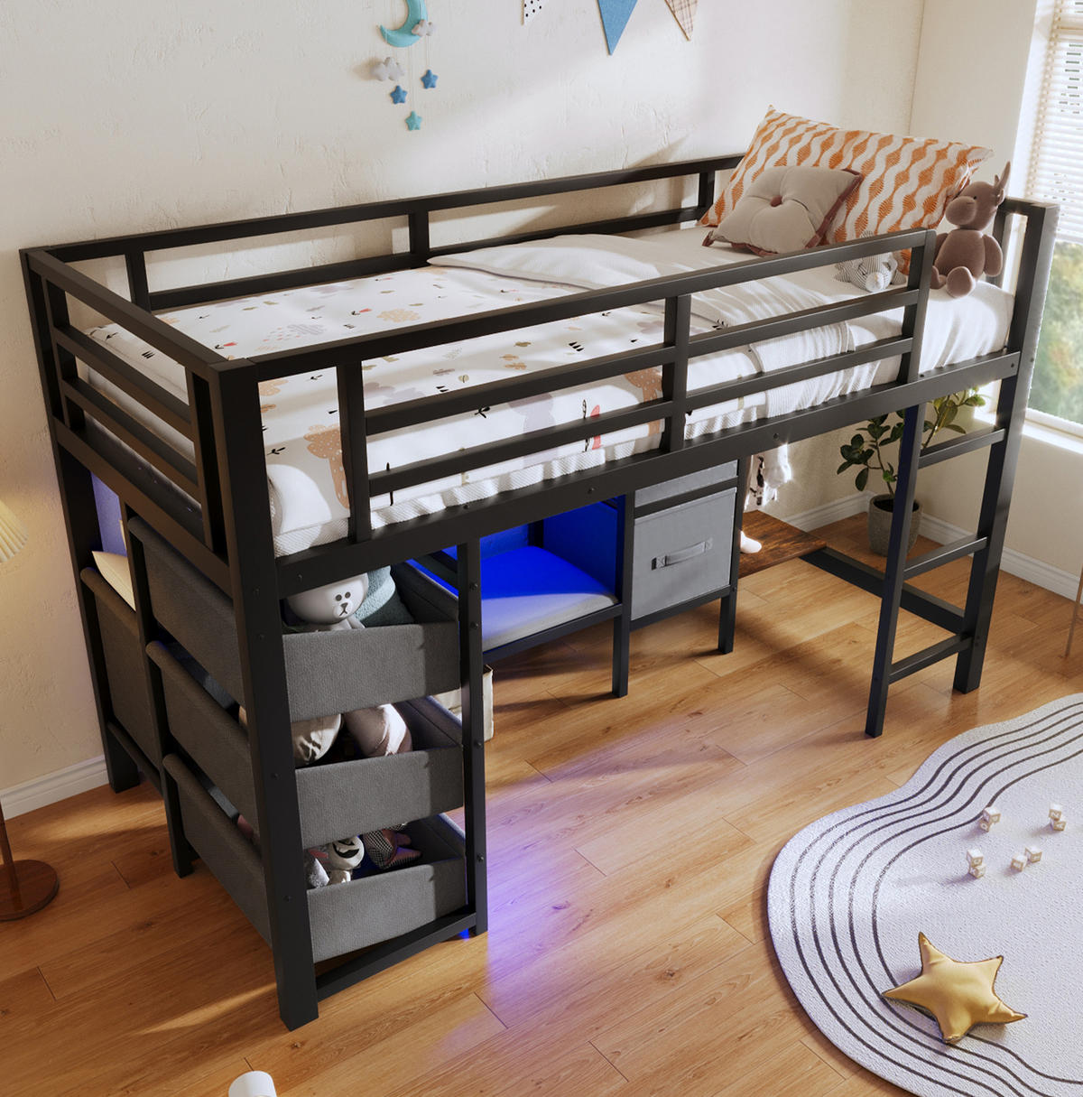 HOCHBETT 90/200 cm aus Metall mit LED-Beleuchtung und Stauraum, Schwarz - Schwarz, Metall (90/200cm) - Flora Grace