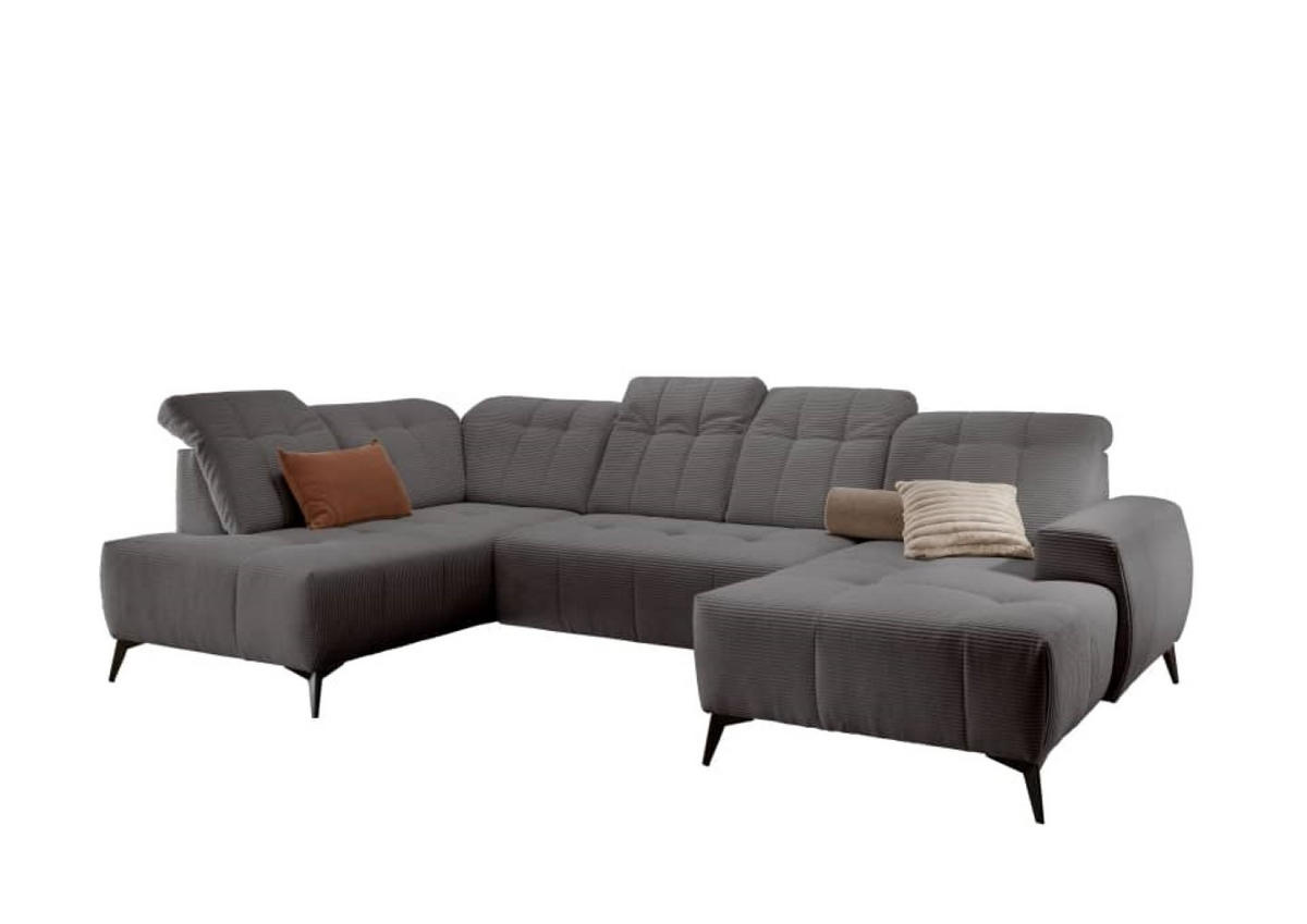 WOHNLANDSCHAFT mit elektrisch verstellbare Relaxfunktion, Cord-Stoff - Schwarz/Grau, Textil/Metall (337/104/200cm) - myHomelando