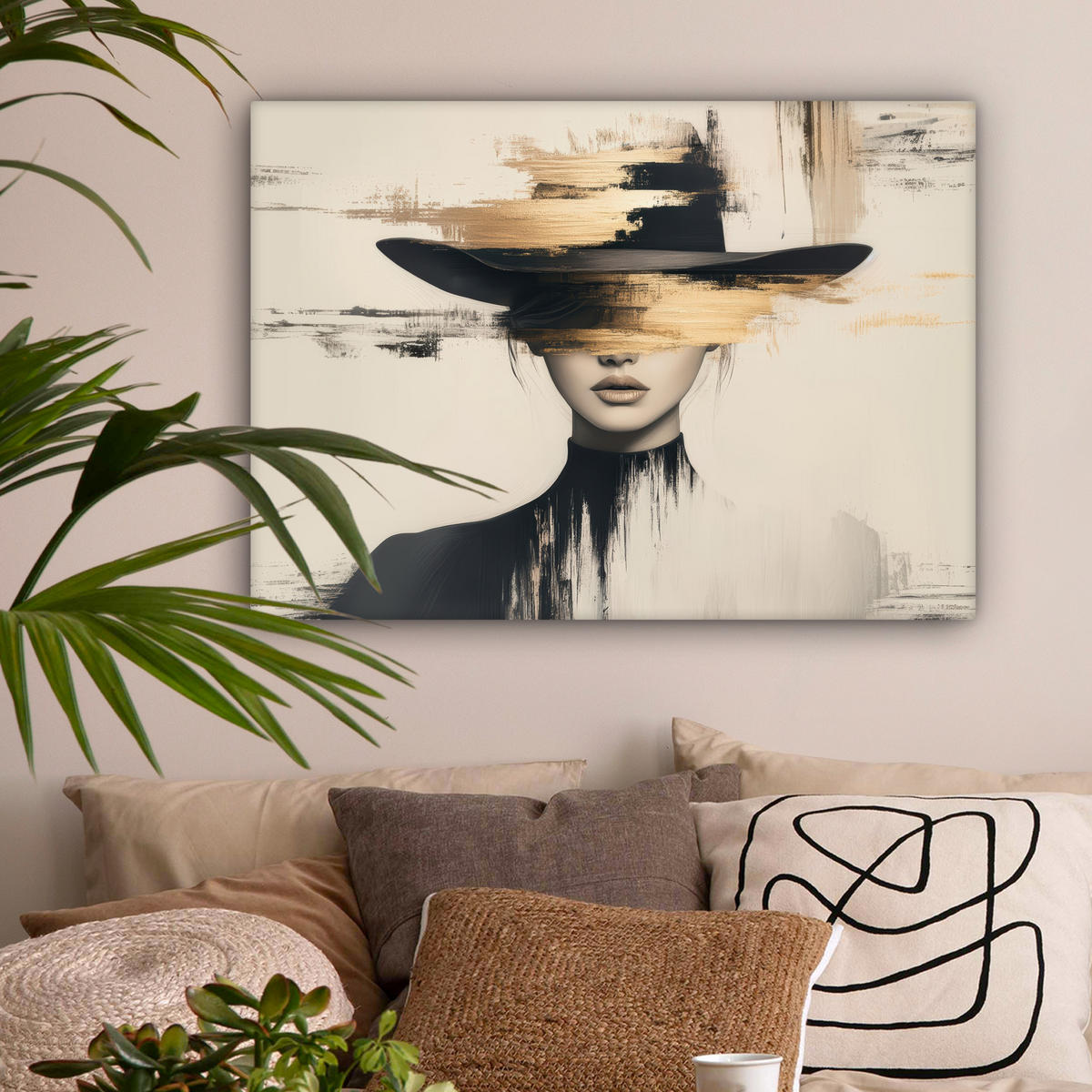 LEINWANDBILD Frau - Hut - Farbe Wandbilder 80x60 cm - Goldfarben, Textil (80/60cm) - MuchoWow