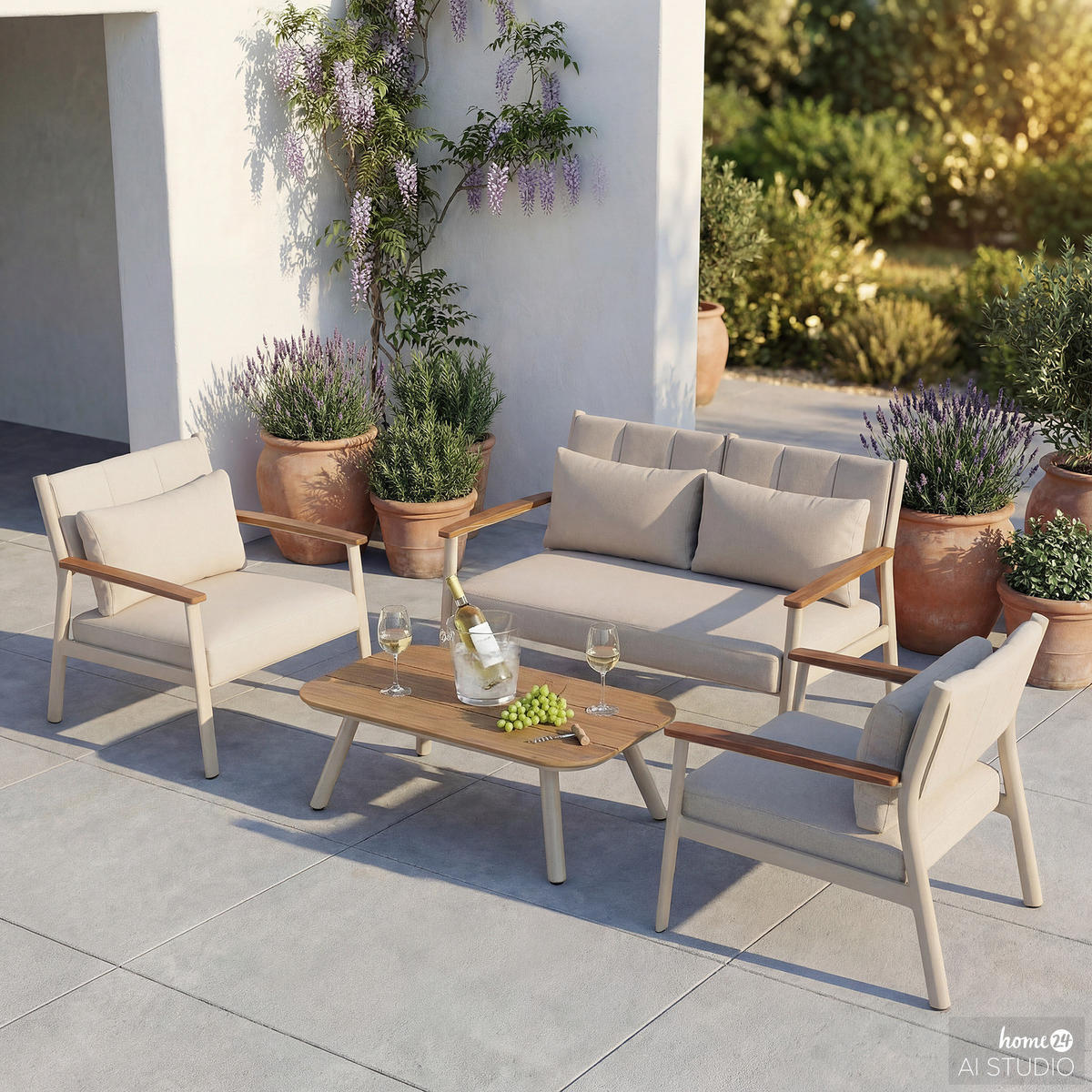 LOUNGESET - 4-teilig - Aluminium / Polyester - Beige - Beige, Holz/Textil (1/1/1cm) - home24