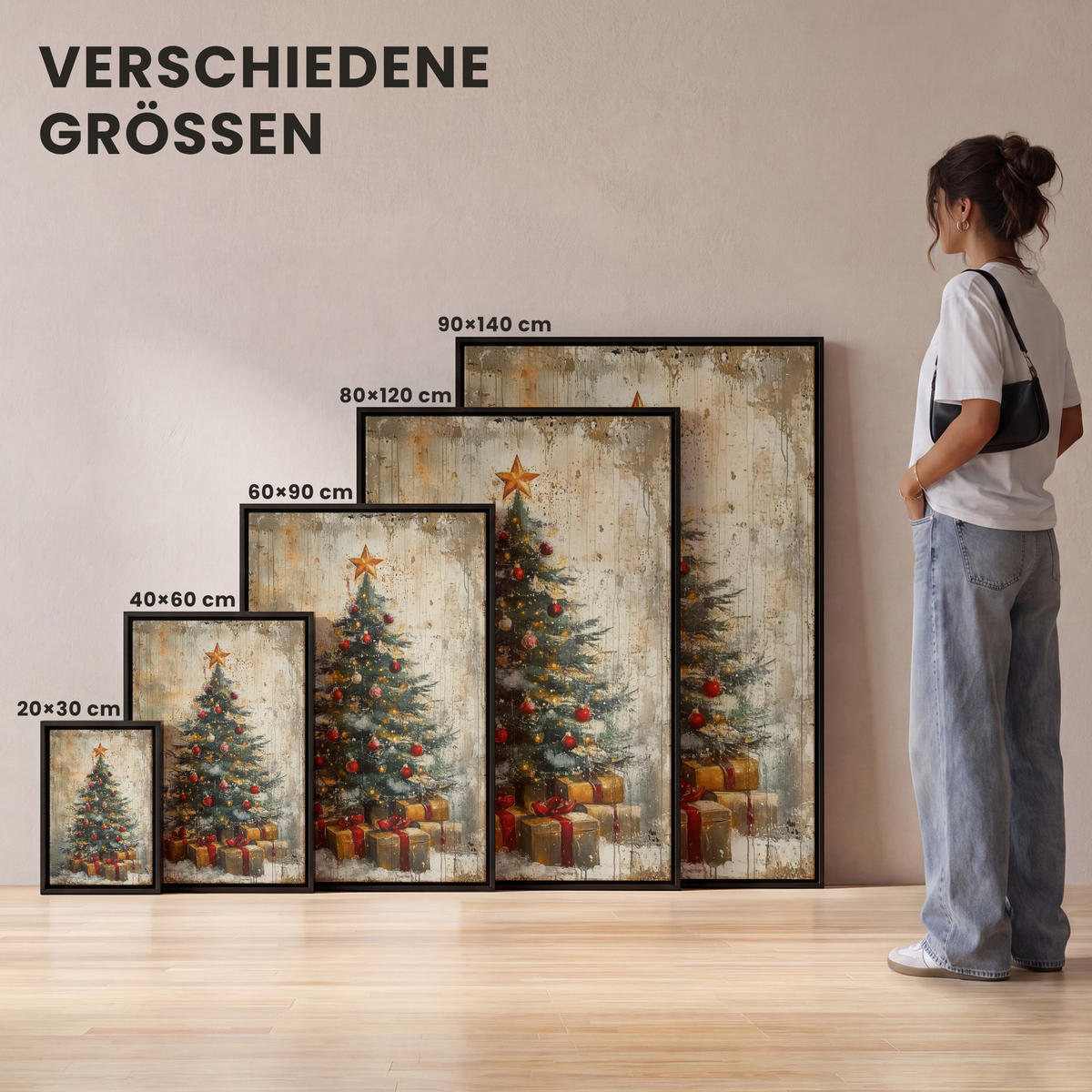 LEINWAND Bilder mit Rahmen - Weihnachtsbaum - Vintage - Weihnachten - Geschenk - 40x60 - Rostfarben, Textil (40/60cm) - MuchoWow