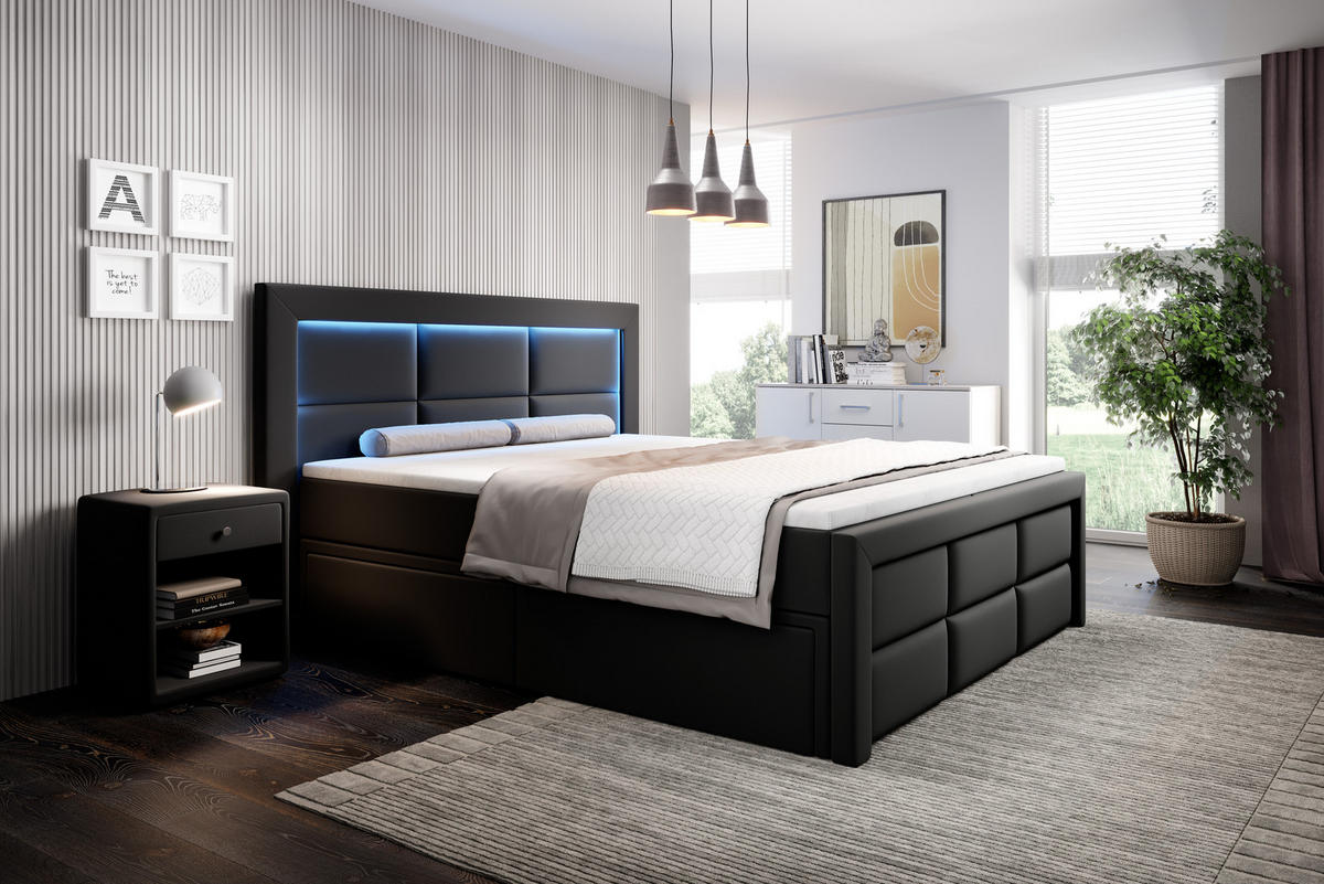 BOXSPRINGBETT Aspen mit Schubladen und Topper, LED-Beleuchtung, Kunstleder, 180x200 cm, Schwarz - Schwarz Hochglanz, Holz - PROMETO Möbel
