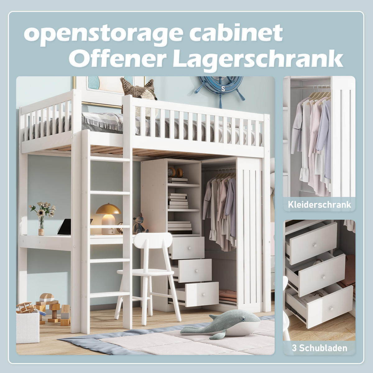 HOCHBETT 90x200cm Weiß Holz Schreibtisch Kleiderschrank 3 Schubladen - Weiß, Holz (90/200cm) - FLIEKS